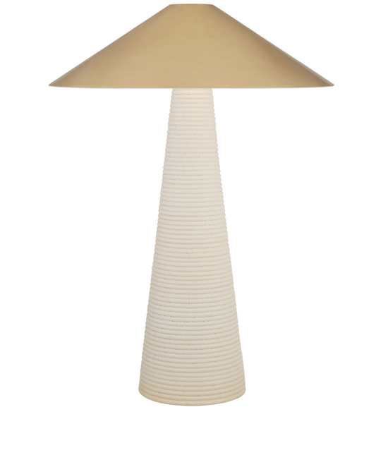 Tall porous white porcelain table lamp with brass shade