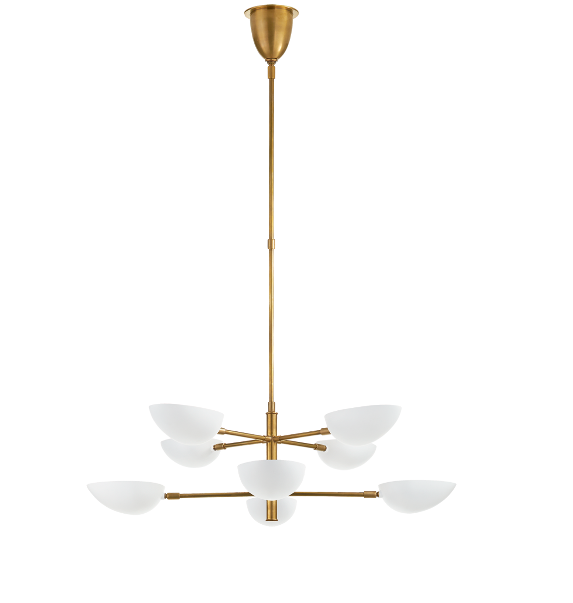 graphic large tiered chandelier in matte white with antique brass