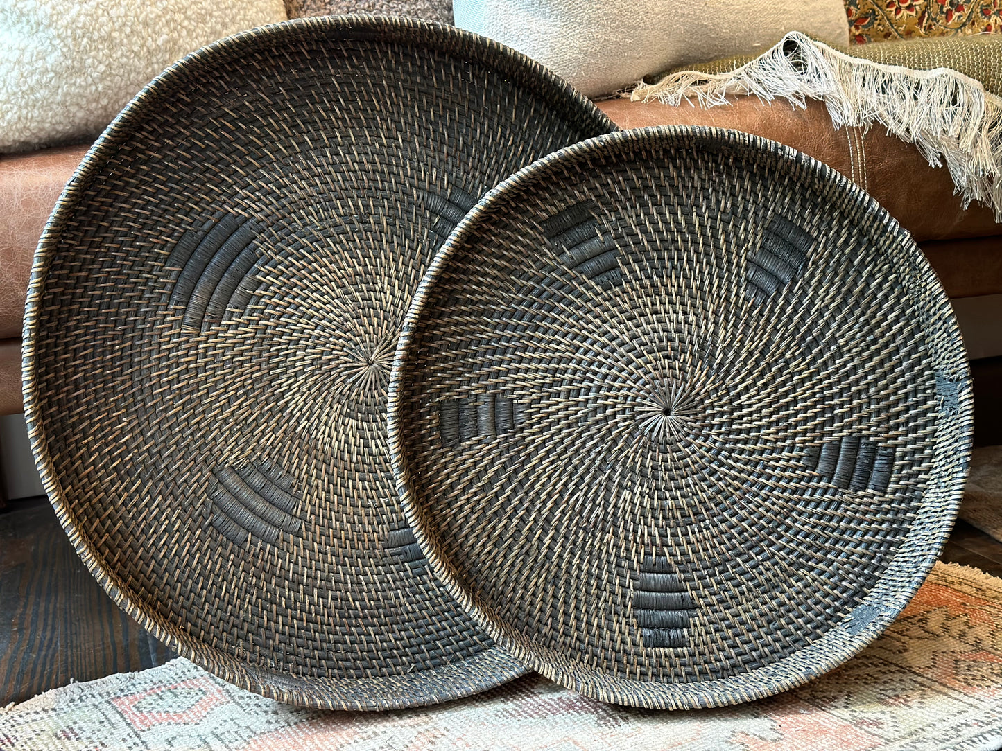 Charcoal Woven Round Baskets Trays