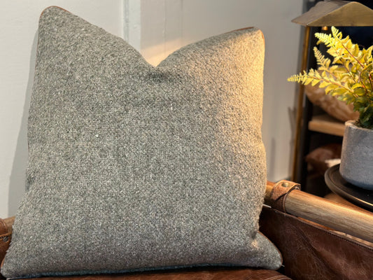 Green Boucle with Leather Trim Decorative Throw Pillow