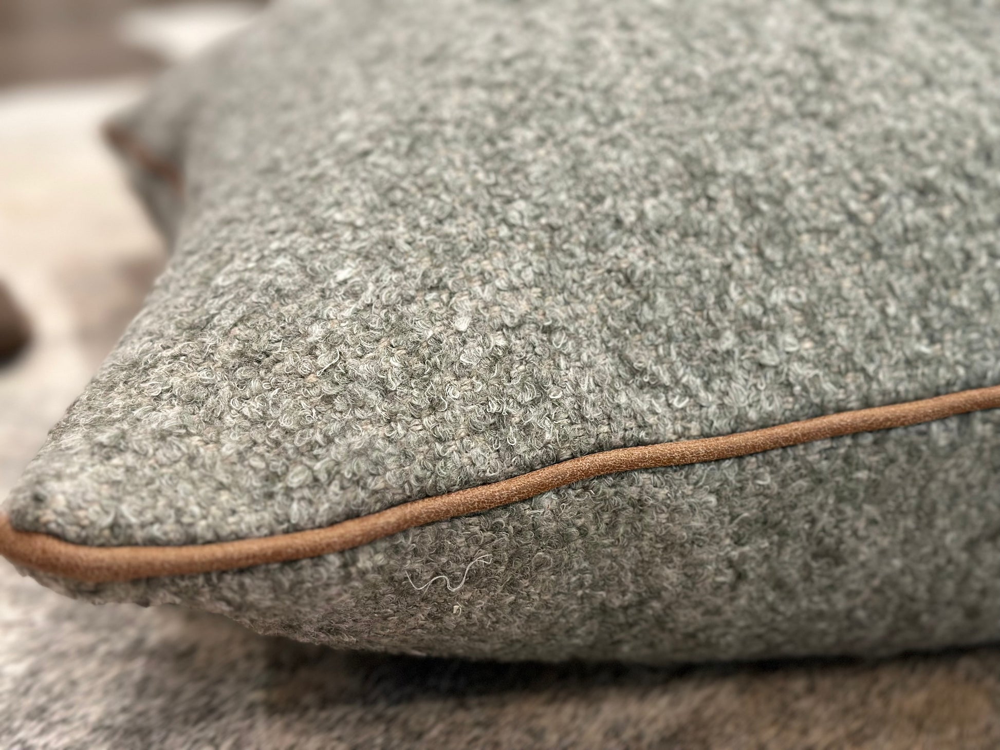 Green Boucle with Leather Trim Decorative Throw Pillow