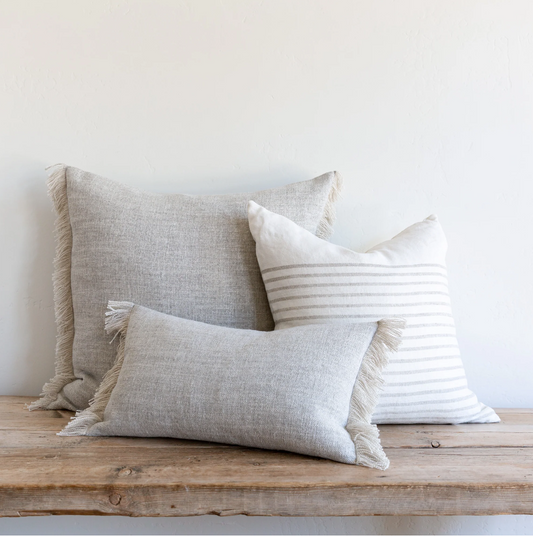 Belgian Linen Fringe Throw Pillow in Gray